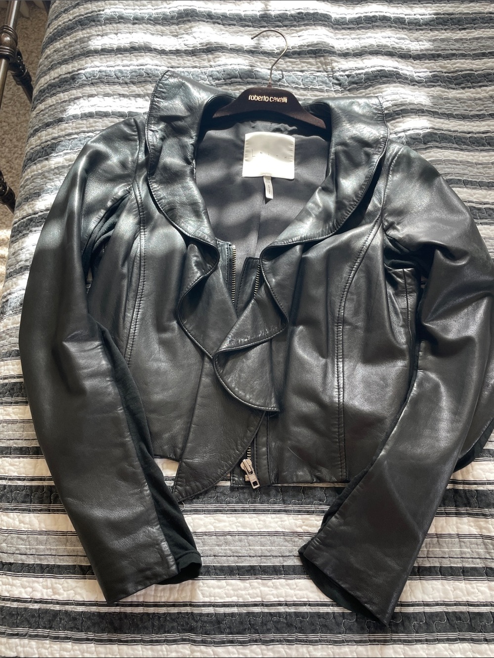 Leith brand Black Leather Ruffle-Front Jacket